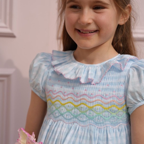 Katherine Johnson Dress Blue Sky Gingham with Rainbow Hand Smocking Katherine Johnson Dress Blue Sky Gingham with Rainbow Hand Smocking